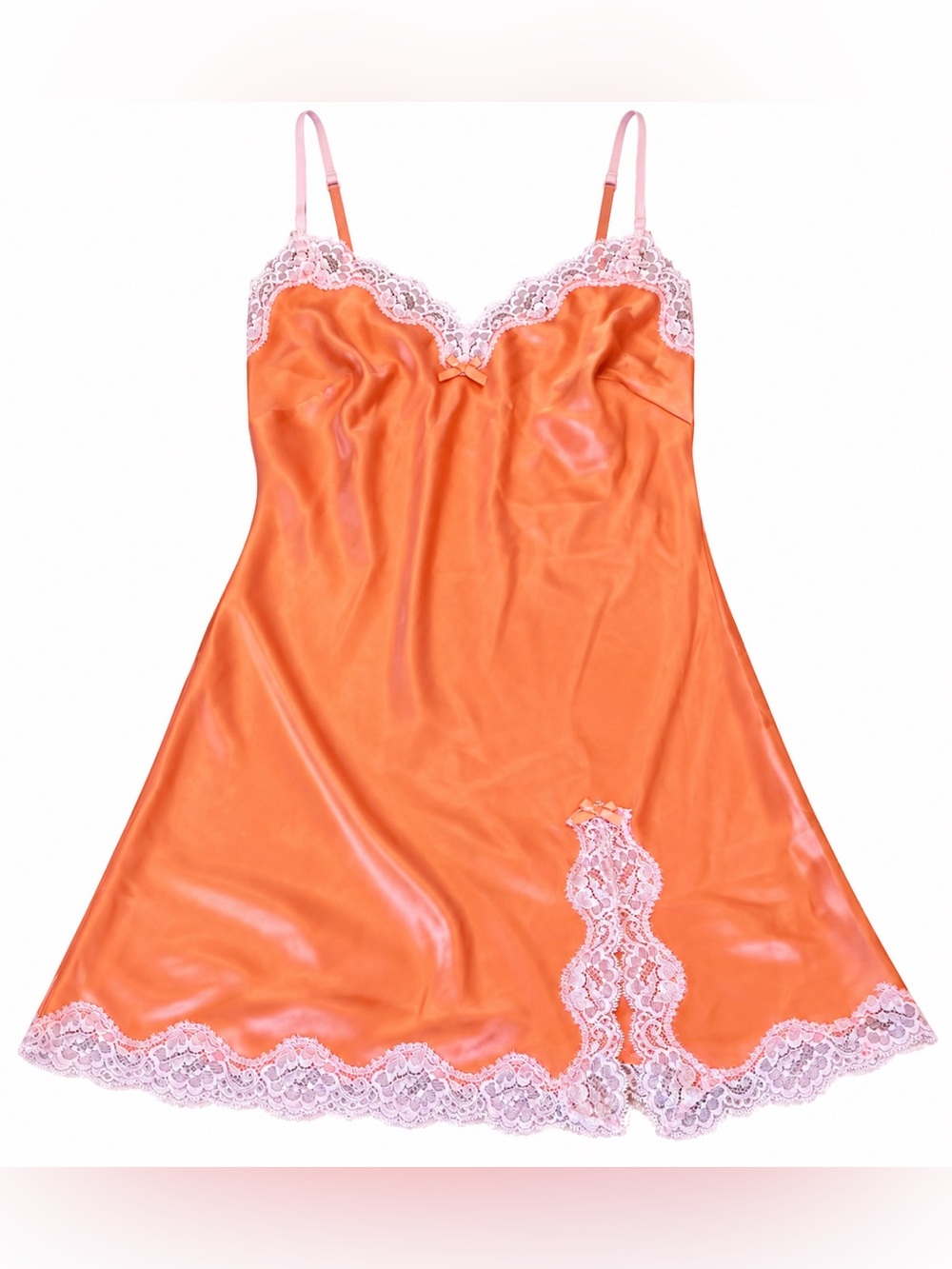 Victoria’s Secret Vintage Y2K Coral Orange Satin Pink Lace Slip Chemise Dress S